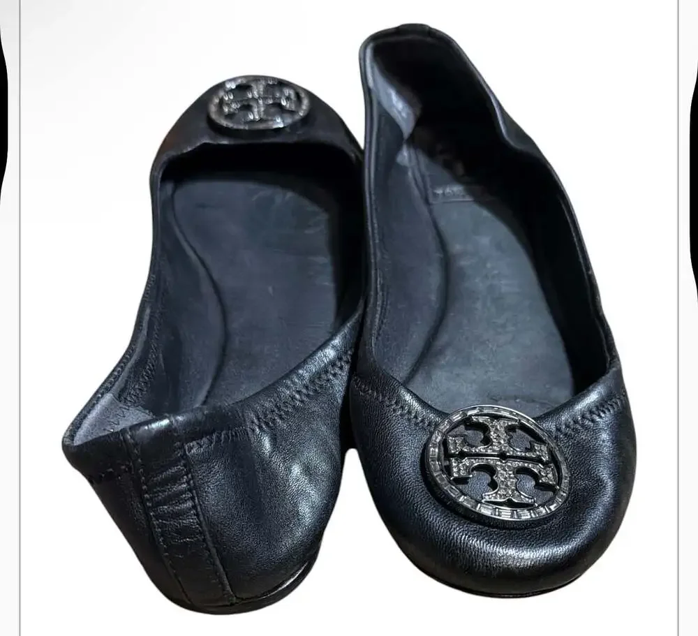 Tory Burch Black Leather Ballet Flats with Crystal Logo Medallion